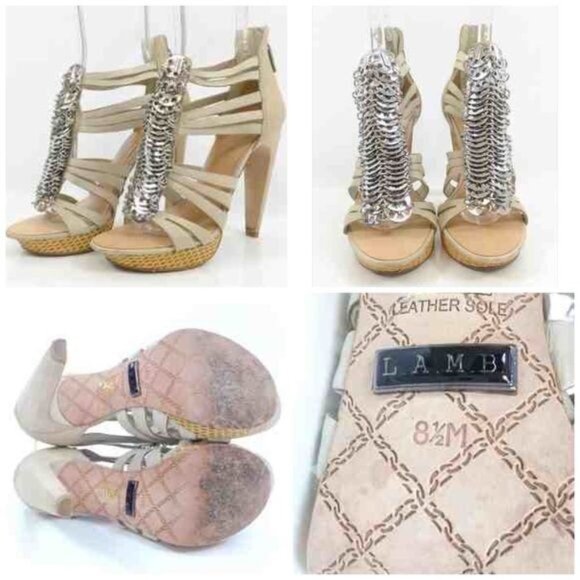 VTG RARE L.A.M.B. Leather Strappy Silver Coin Platform Sandals Heels | Mob Wife - Picture 13 of 15